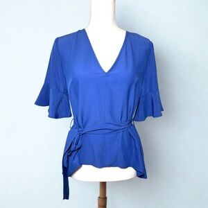 La’ Ven Belted Flutter Sleeve V Neck Top Blouse Blue Women Small